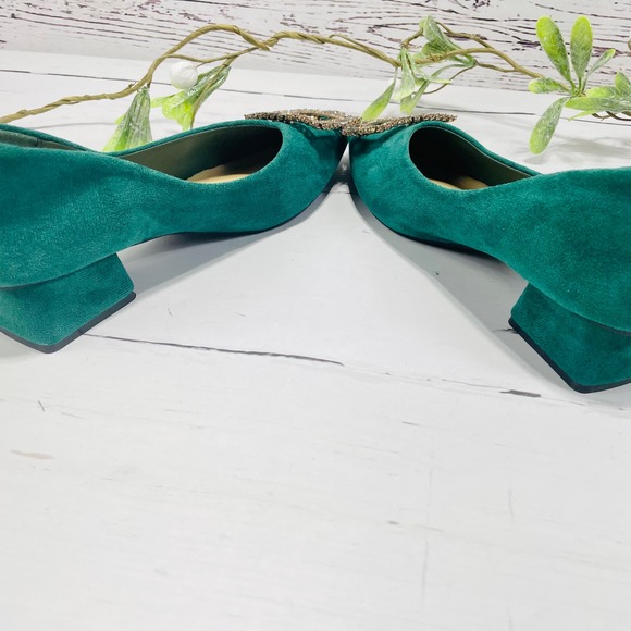 NEW C Paravano Hunter Green Block Heel Pointed Toe Flats with Embellished Buckle - Picture 8 of 12